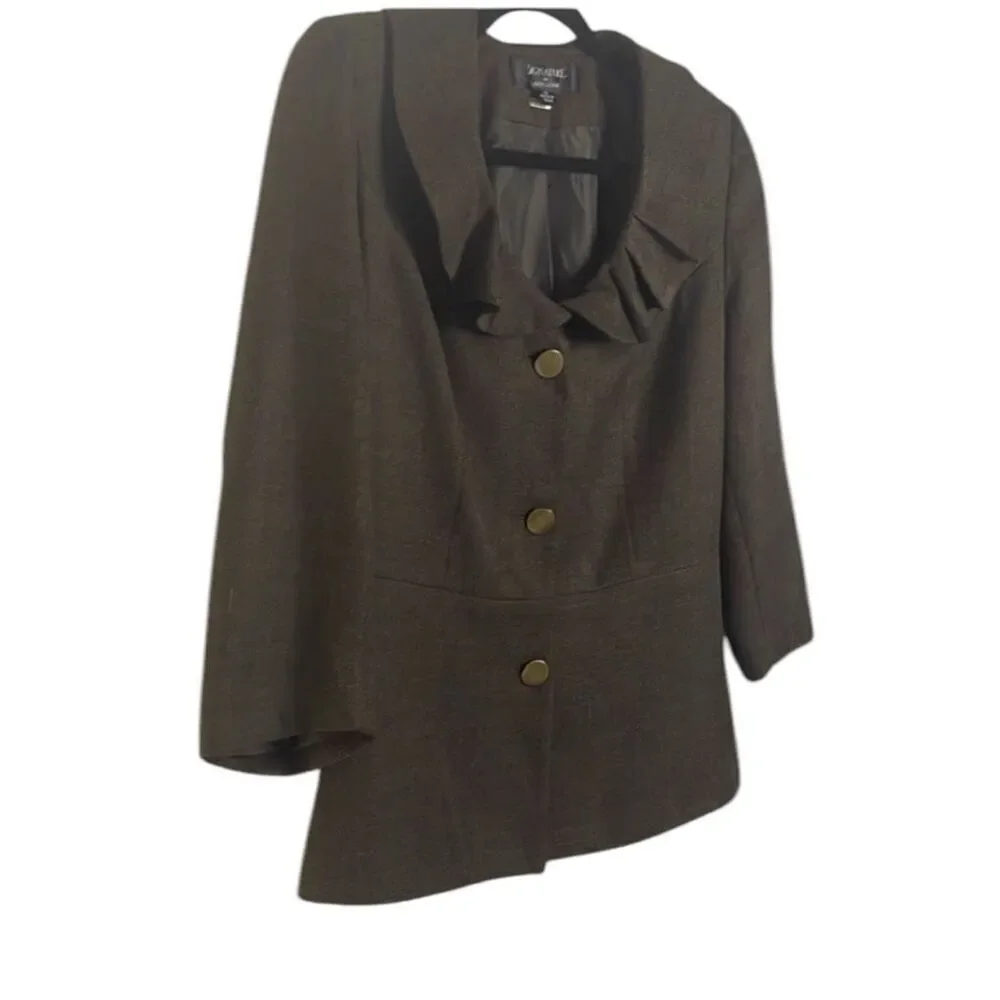 Larry Levine Ruffled Collar Blazer Jacket Size10 Brown Herringbone Tweed Career